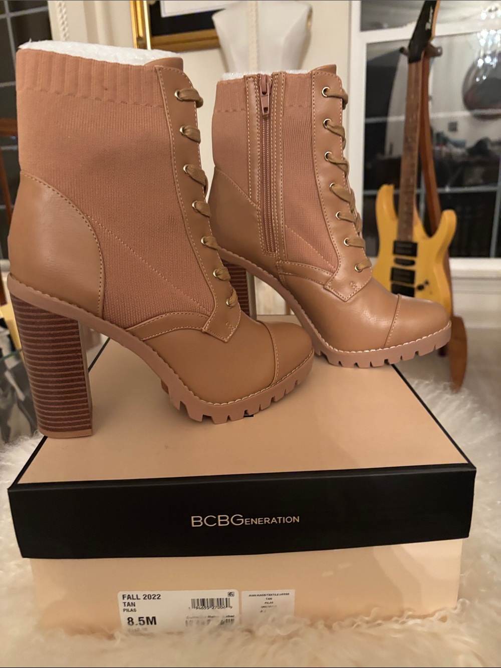 BCBGeneration Tan Lace-Up Chunky Heel Ankle Boots with Knit Collar